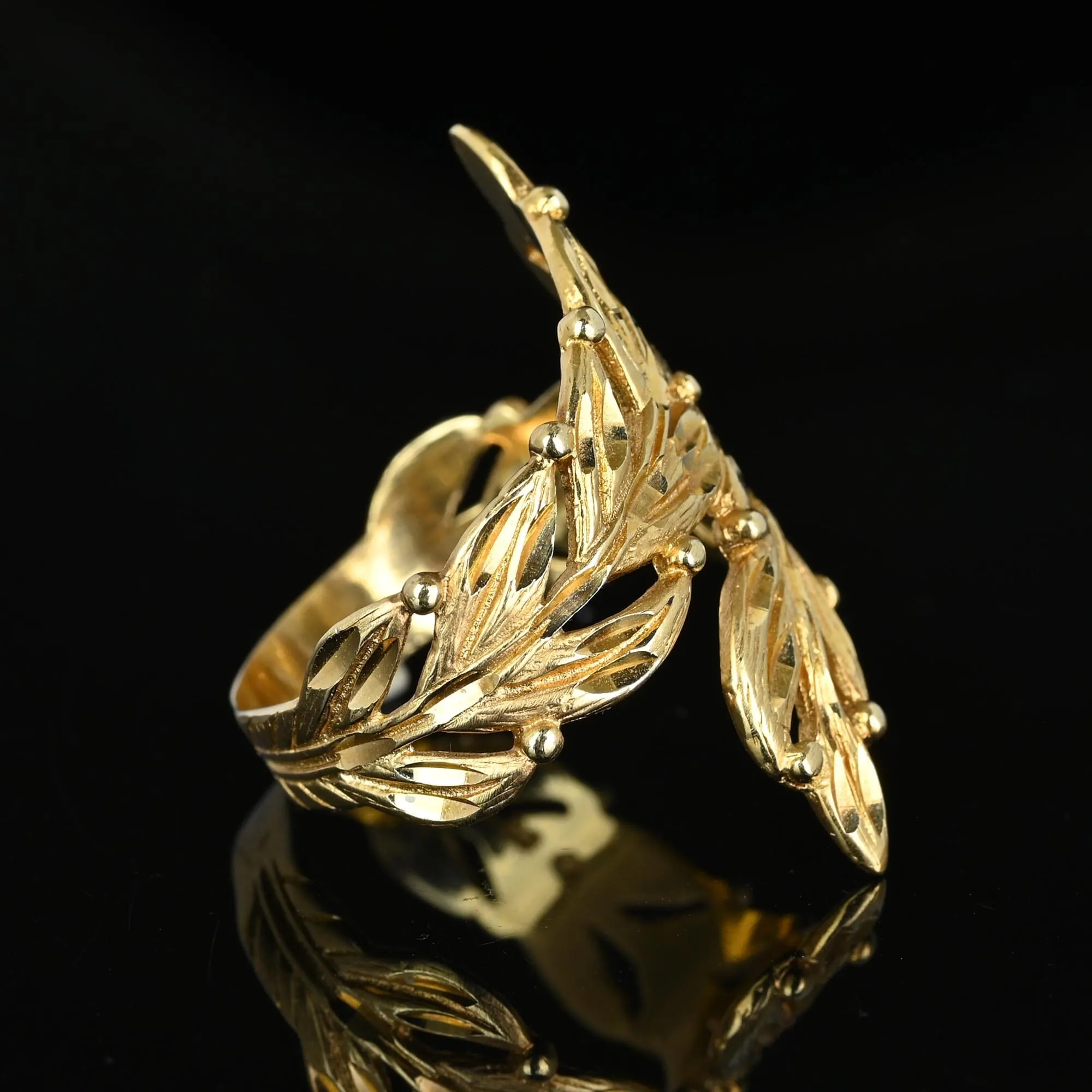 Vintage Large Solid 14K Gold Carved Leaf Bypass Ring