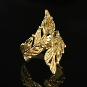 Vintage Large Solid 14K Gold Carved Leaf Bypass Ring