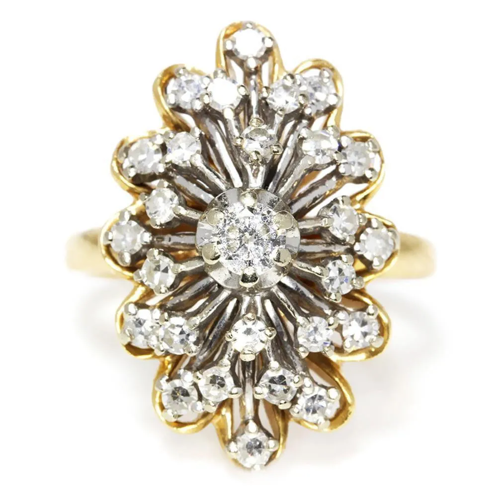 Vintage Navette Starburst Diamond Ring with Accents Two-Tone Gold