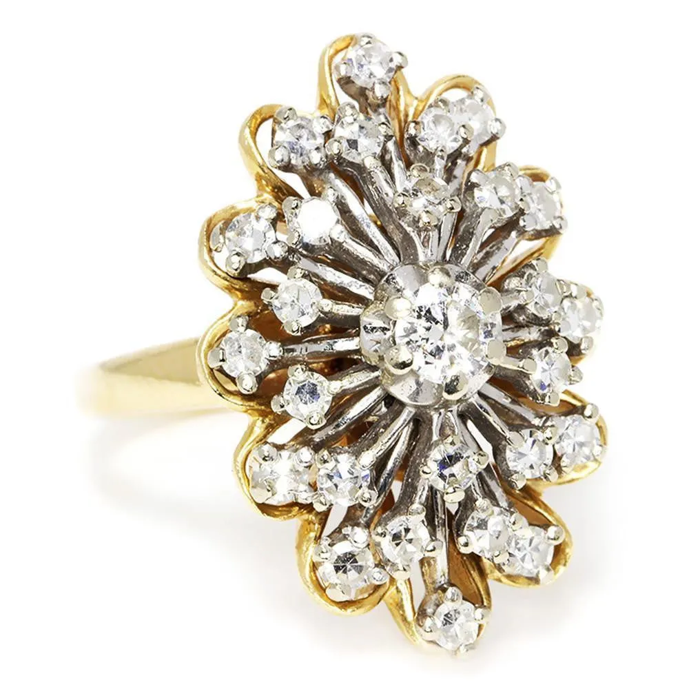 Vintage Navette Starburst Diamond Ring with Accents Two-Tone Gold