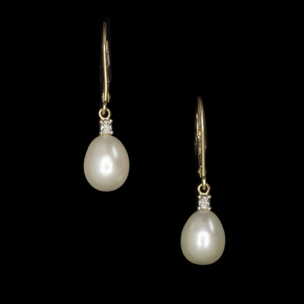 VINTAGE PEARL DROP EARRINGS WITH DIAMOND ACCENTS YELLOW GOLD DANGLE ESTATE GIFT