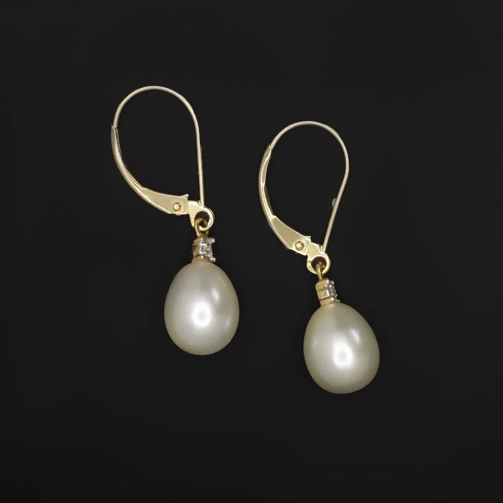 VINTAGE PEARL DROP EARRINGS WITH DIAMOND ACCENTS YELLOW GOLD DANGLE ESTATE GIFT