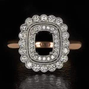 VINTAGE STYLE HALO DIAMOND RING SETTING CUSHION EMERALD CUT SEMI-MOUNT ROSE GOLD