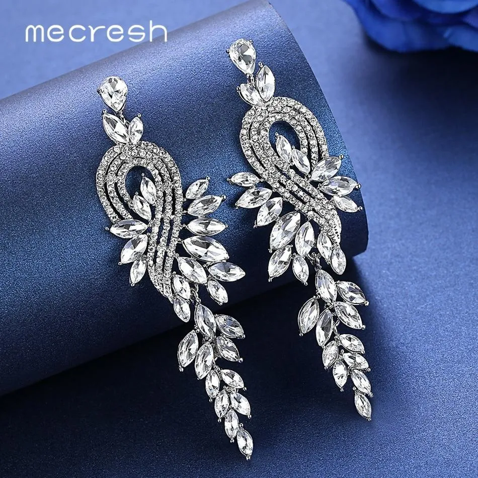 Women Crystal Leaves Long Drop Earrings