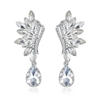 Women Crystal Leaves Long Drop Earrings