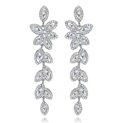 Women Crystal Leaves Long Drop Earrings