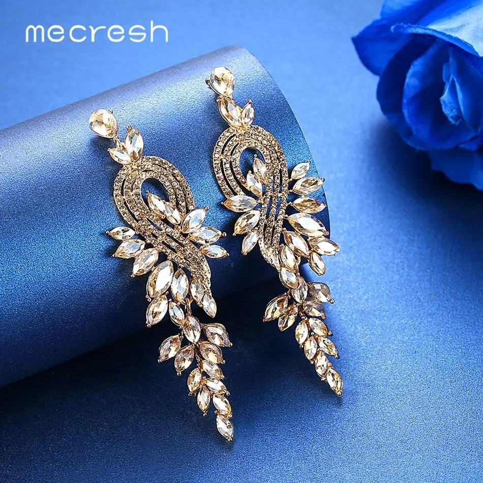 Women Crystal Leaves Long Drop Earrings