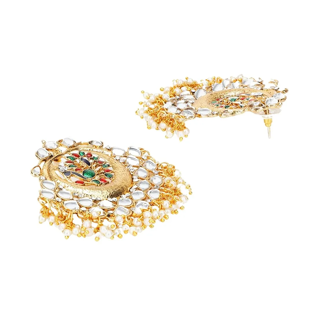 Yellow Chimes Chandbali Earrings for Women Ethnic Gold Plated Kundan Studded Pearl Moti Multicolor Peacock Chand bali Earrings for Women and Girls