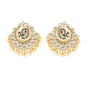 Yellow Chimes Chandbali Earrings for Women Ethnic Gold Plated Kundan Studded Pearl Moti Multicolor Peacock Chand bali Earrings for Women and Girls