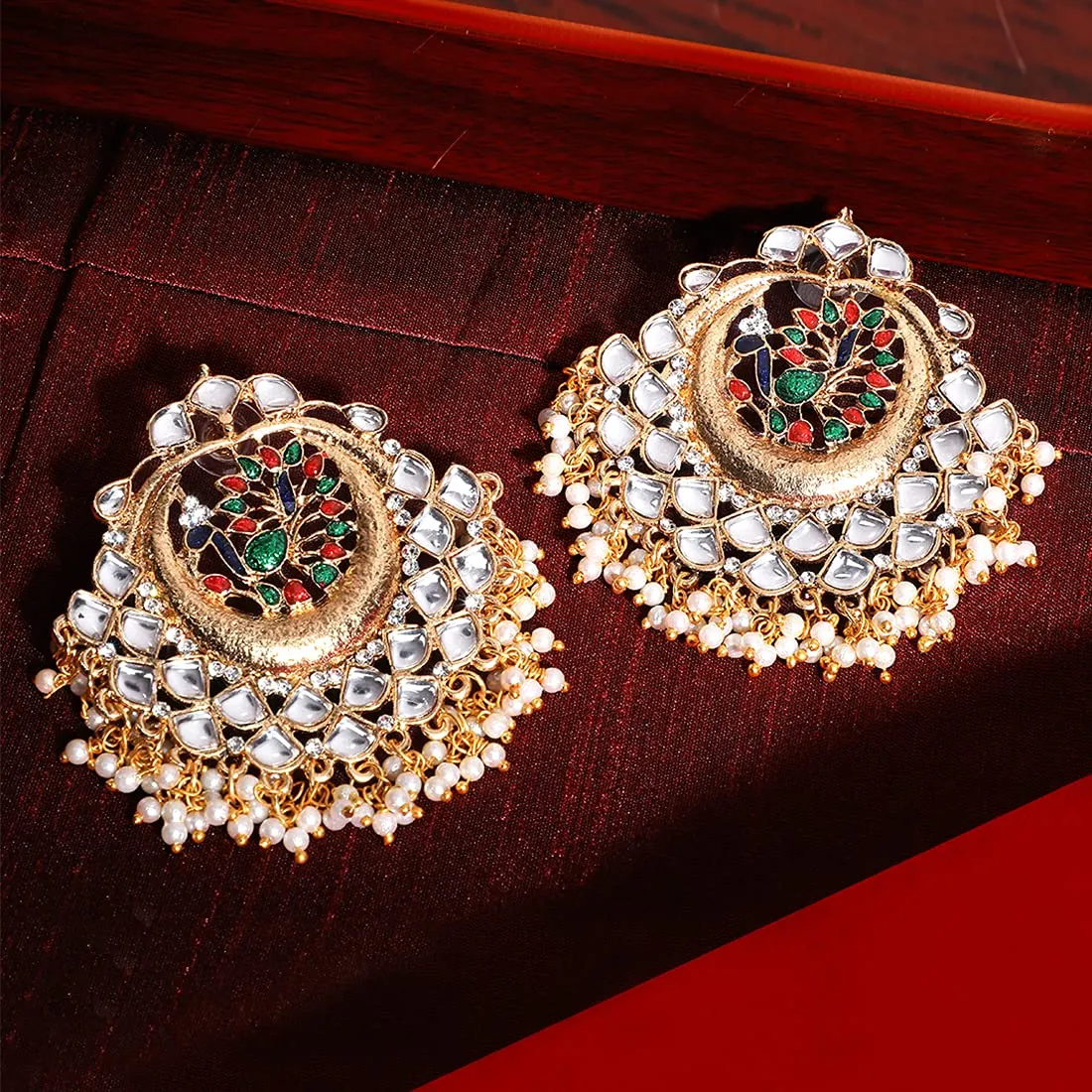 Yellow Chimes Chandbali Earrings for Women Ethnic Gold Plated Kundan Studded Pearl Moti Multicolor Peacock Chand bali Earrings for Women and Girls