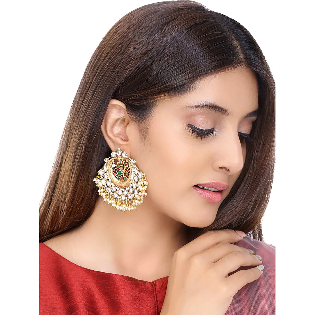 Yellow Chimes Chandbali Earrings for Women Ethnic Gold Plated Kundan Studded Pearl Moti Multicolor Peacock Chand bali Earrings for Women and Girls